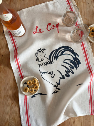 Dinette  Le Coq - Hand Painted French Cockerel Print Linen Tea towel