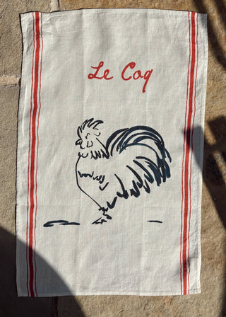 Dinette  Le Coq - Hand Painted French Cockerel Print Linen Tea towel